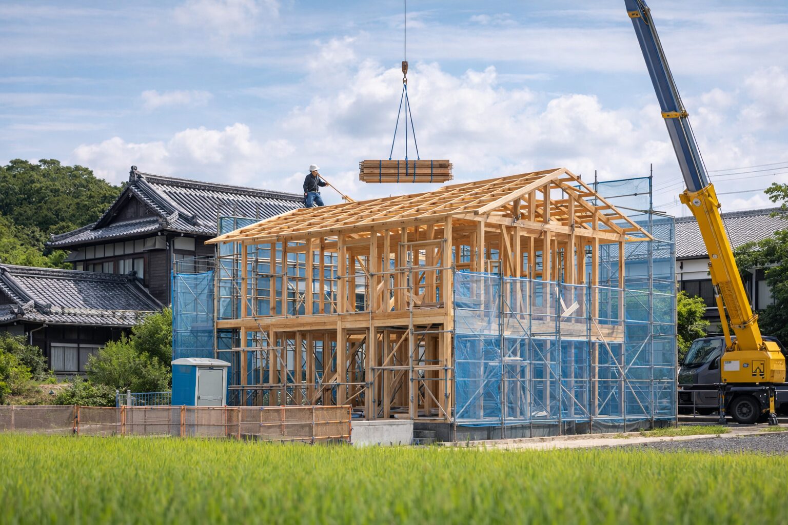 実家の庭に家を建てている様子