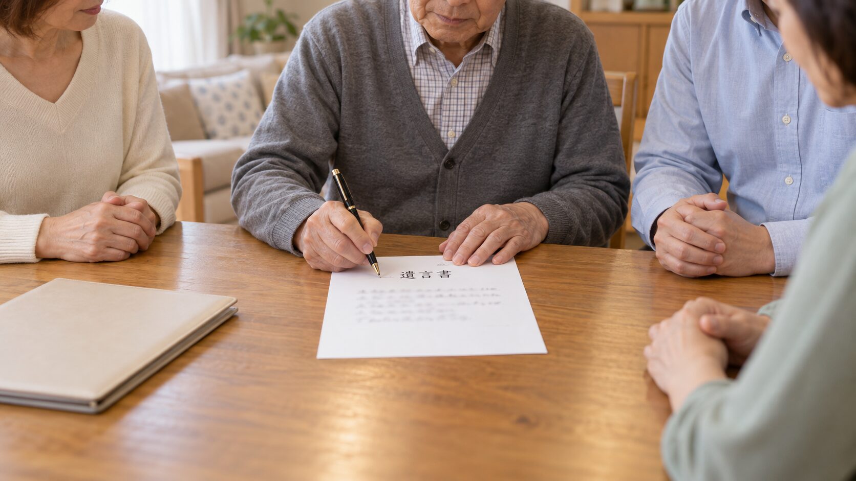 親族の前で遺言書を書いている様子
