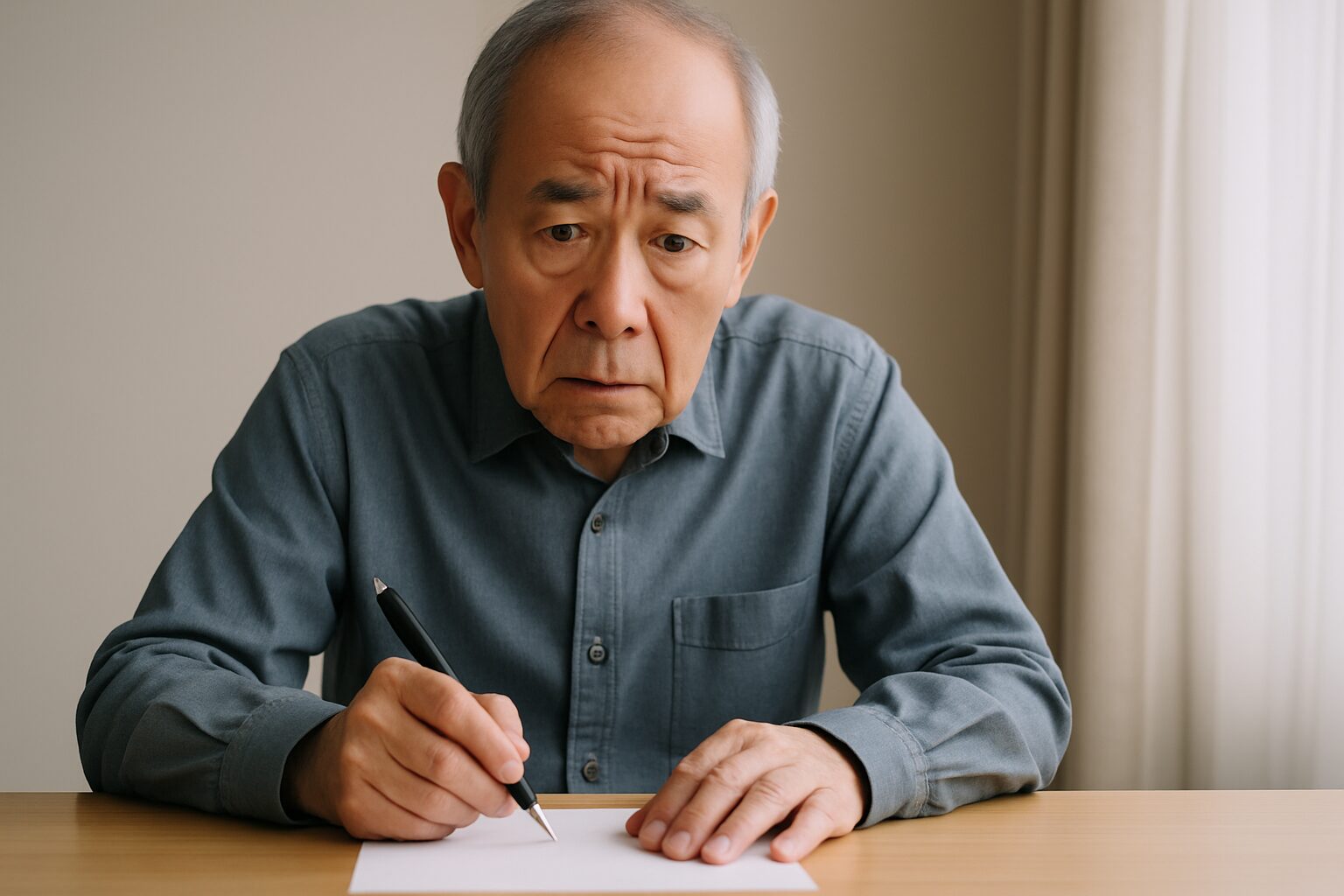 不安そうな顔でペンを持つ男性