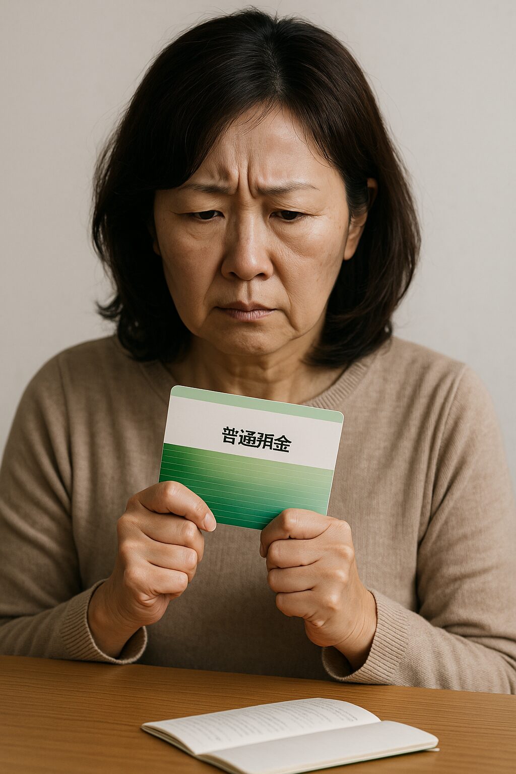 預金通帳を握りしめる女性