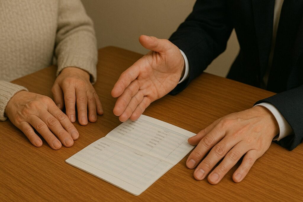 通帳を見ながら話し合いをしている様子
