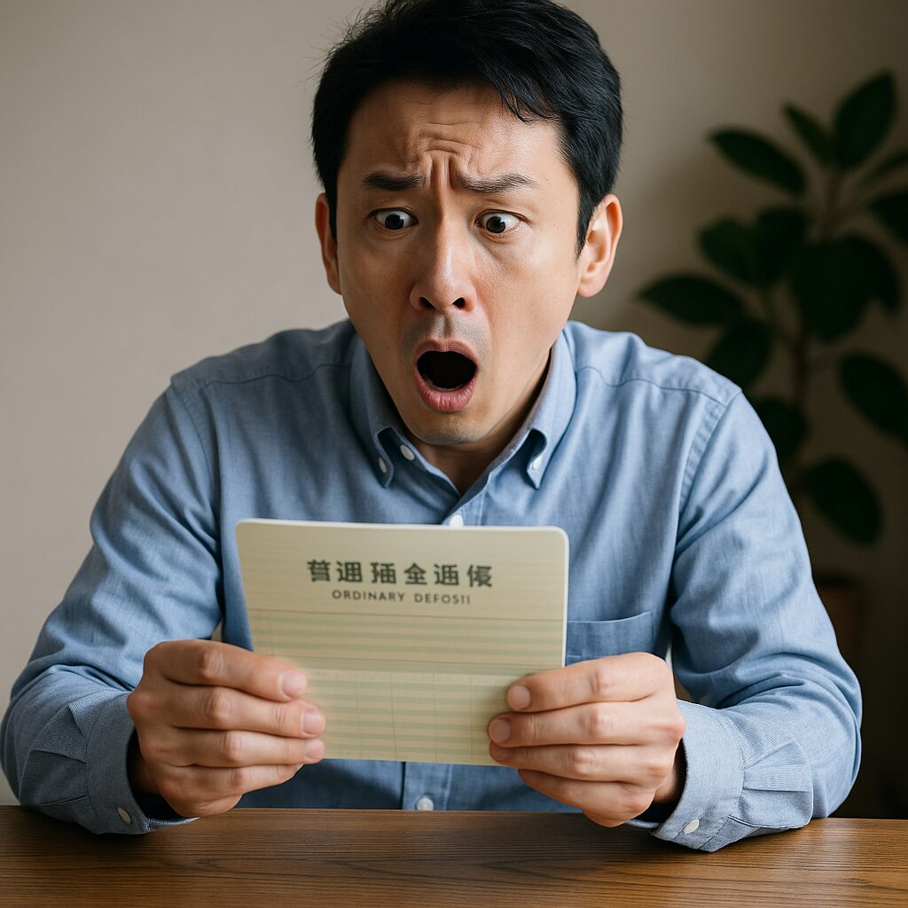 預金通帳を見て驚いている男性