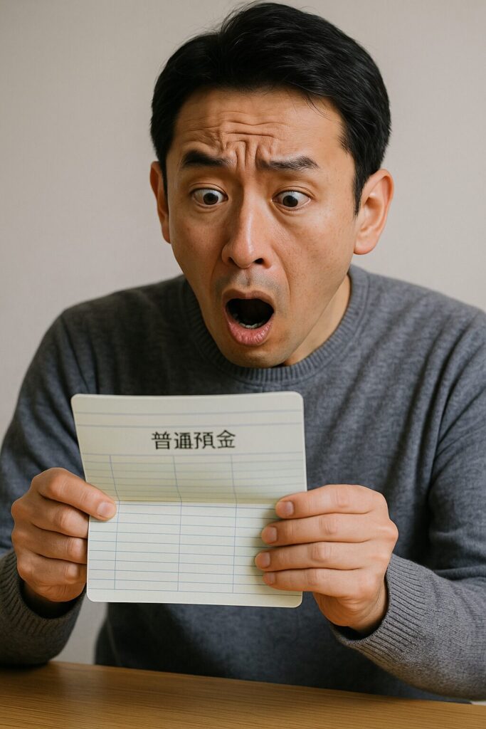 預金通帳を見て驚いている男性