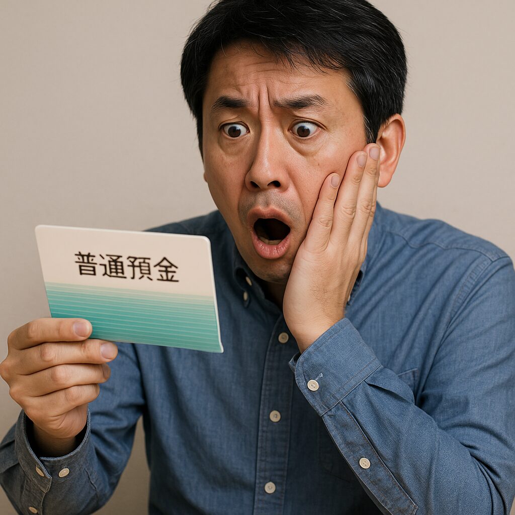 預金通帳を見て驚いている男性