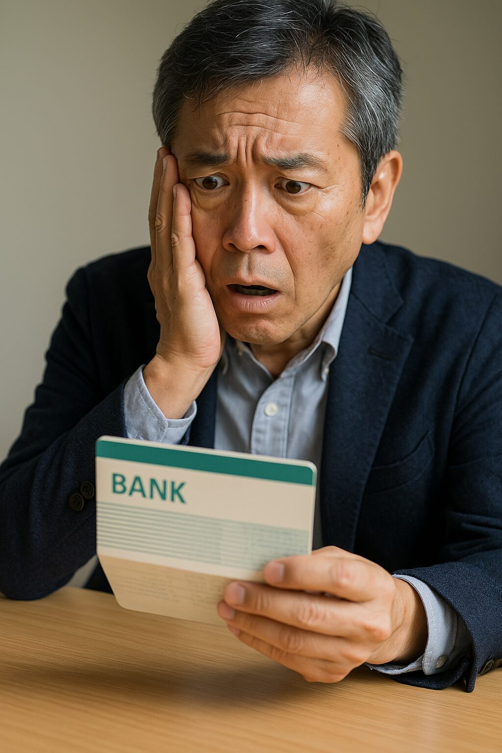 預金通帳を見て驚いている男性