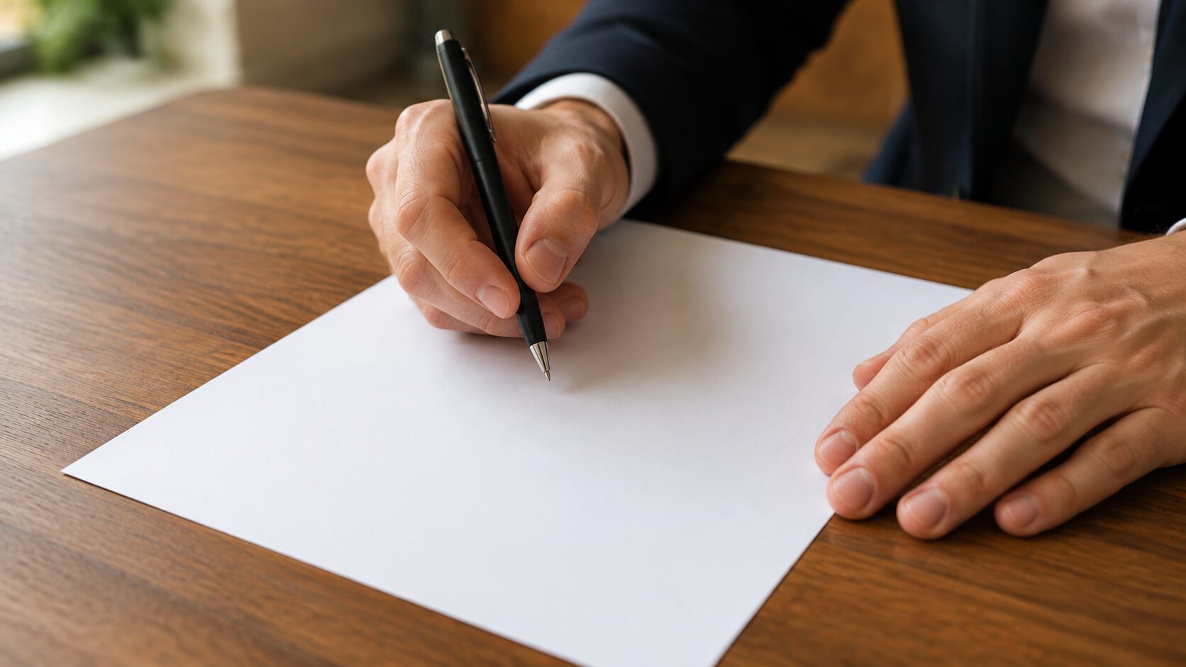 男性が紙に文字を書こうとしている様子