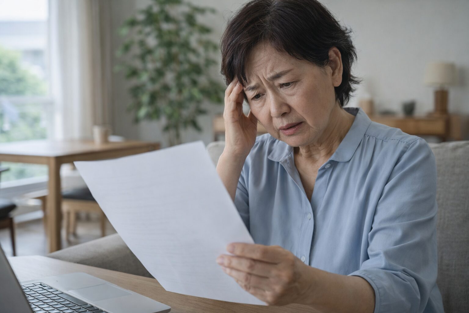 書類を見て悩んでる女性