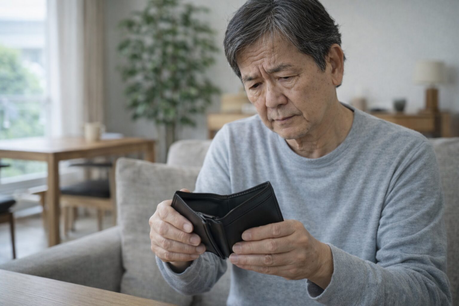 お財布を見ている男性