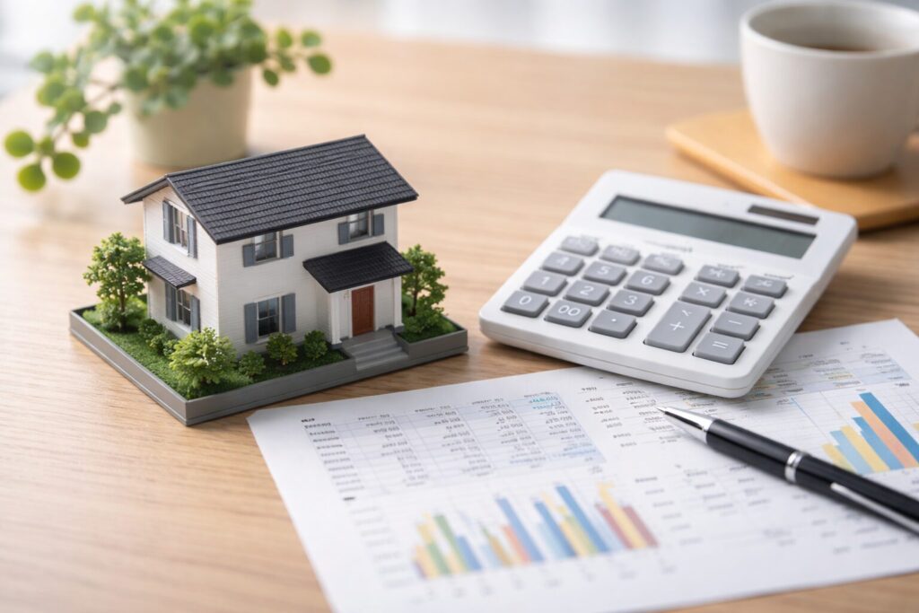 家の模型と電卓