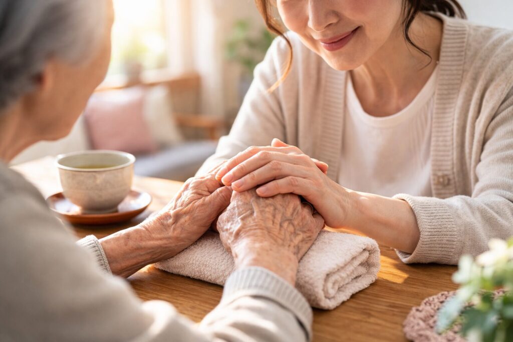 年寄りの手を中年女性が握って寄り添っている様子
