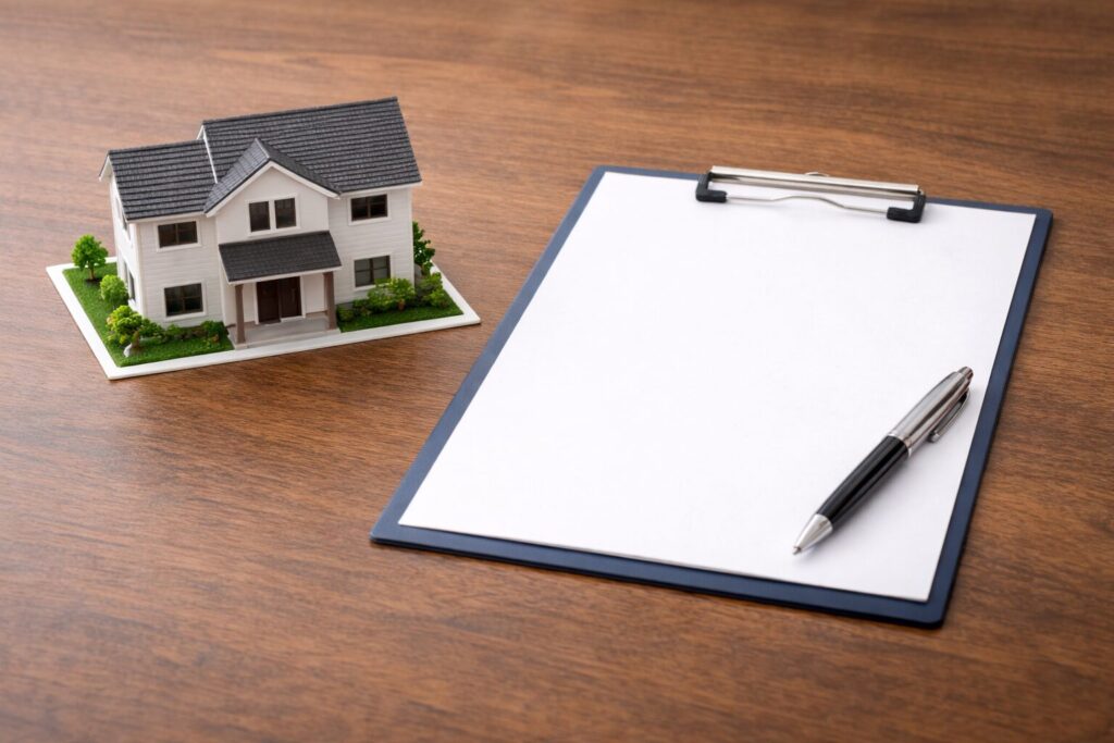 家の模型と書類