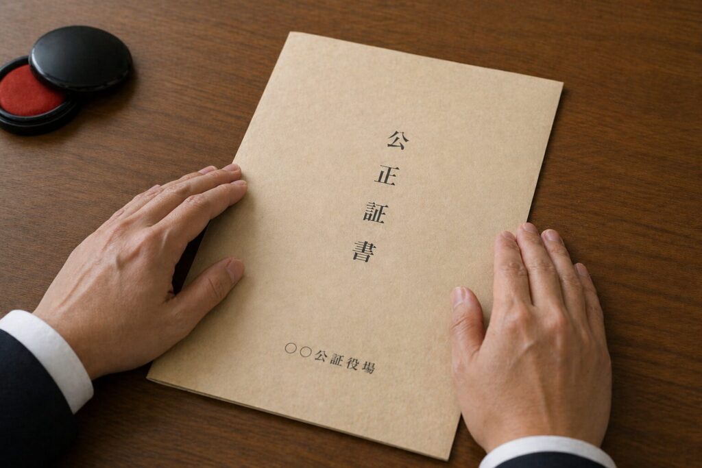 公正証書に手を添えている様子