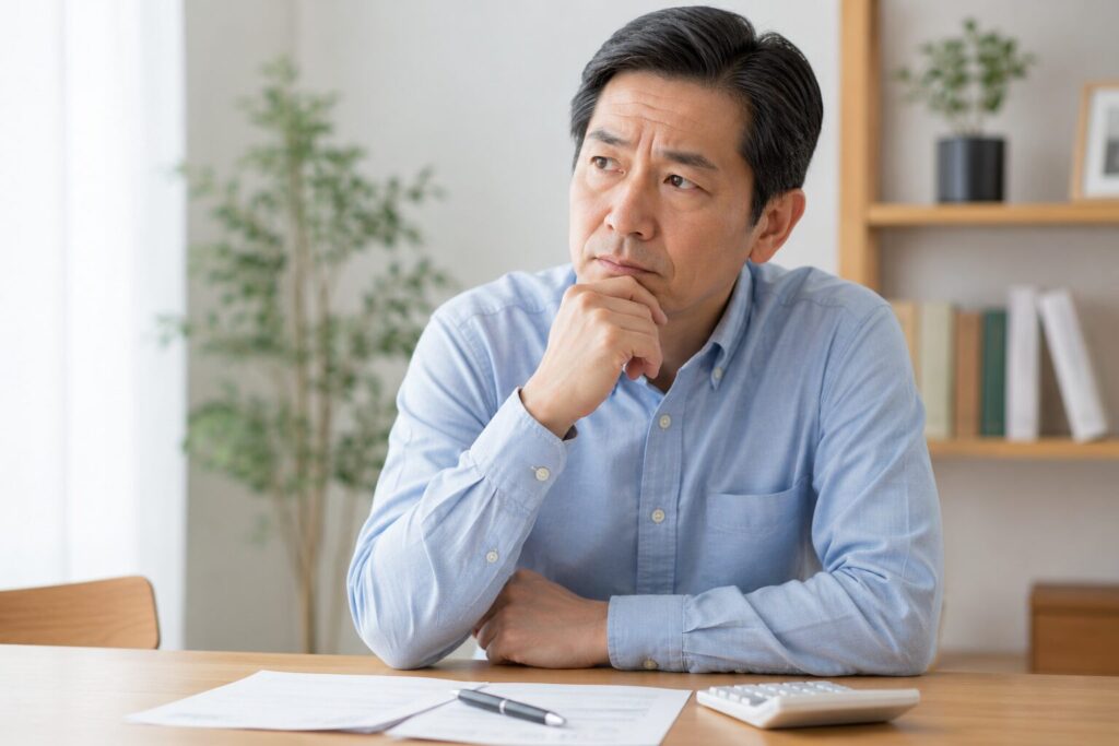 考え事をしている中年男性