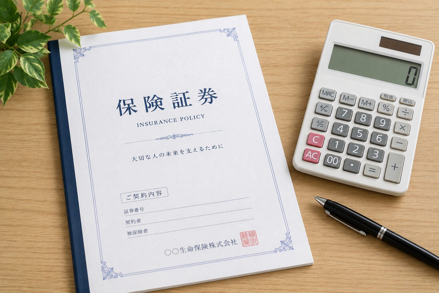 保険証券と電卓