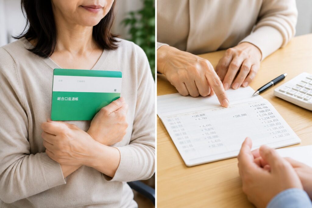通帳を抱えている女性